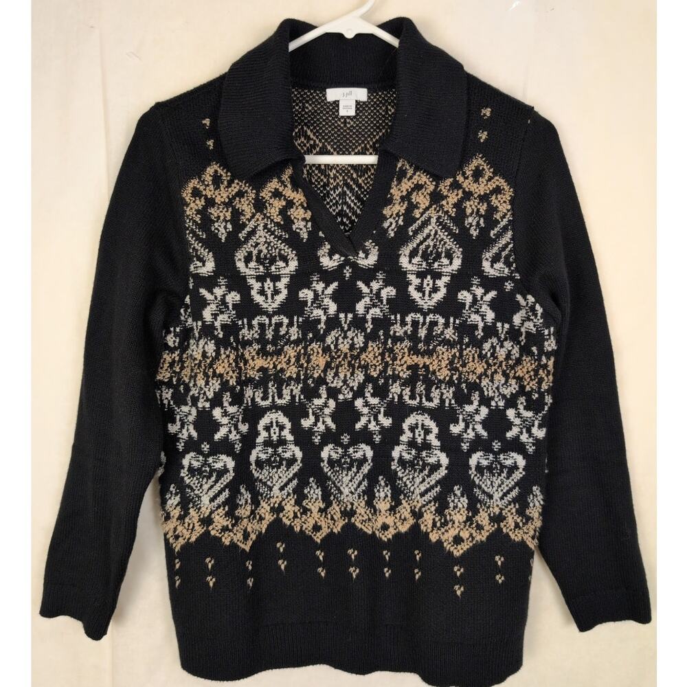 J.Jill black floral reverse intarsia polo sweater Size Small Boho Preppy Artsy